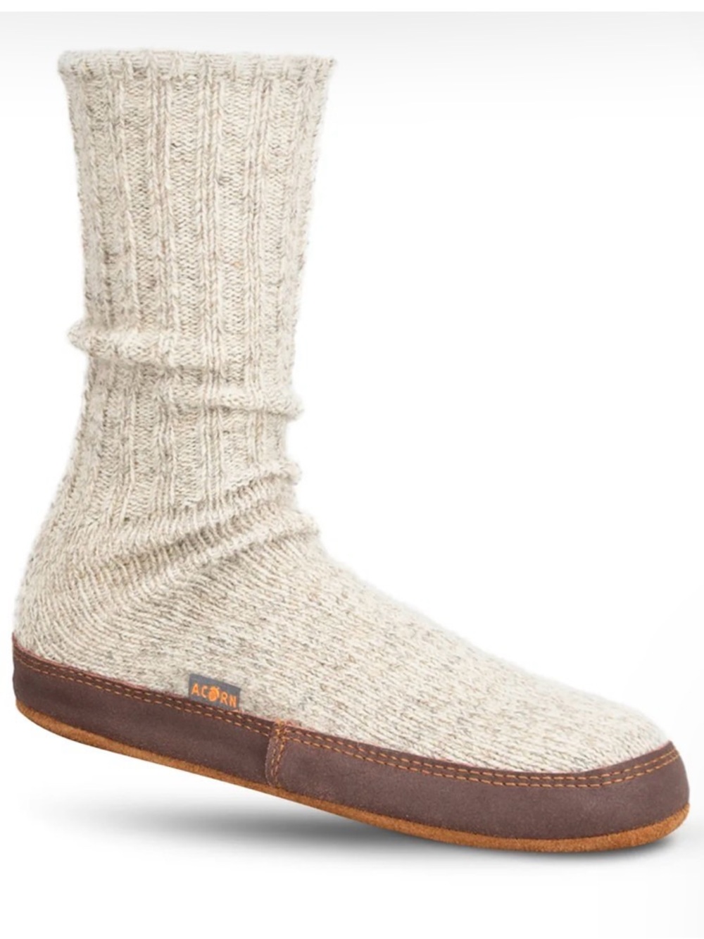Acorn Beige Knit Slipper Socks with Brown Leather Trim, Like New